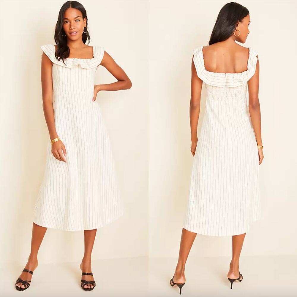 Ann Taylor Women's Pinstripe Ruffle Flare Linen Blend Midi Dress Size 12